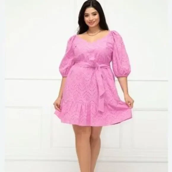 ELOQUII Elements Women’s Belted Eyelet Dress Puff Sleeve Mini Dress Plus Size 18 - Picture 1 of 10